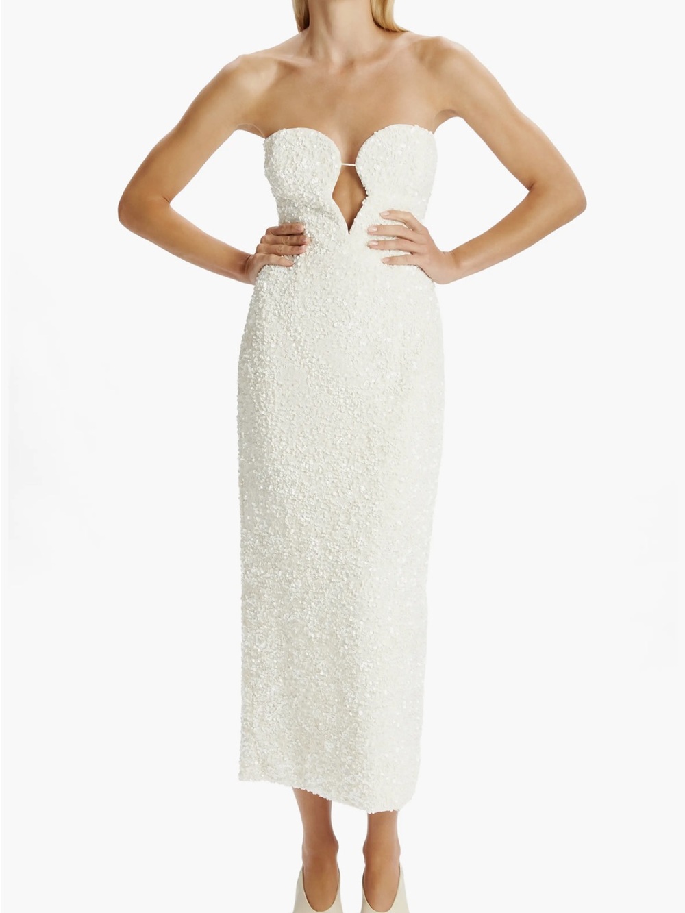 BARDOT Braya White Sequin Strapless Plunge Neck Midi Dress